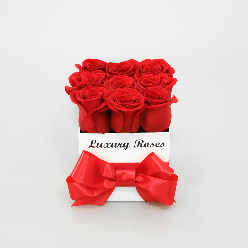 Luxusný hranatý biely box S so živými červenými ružami