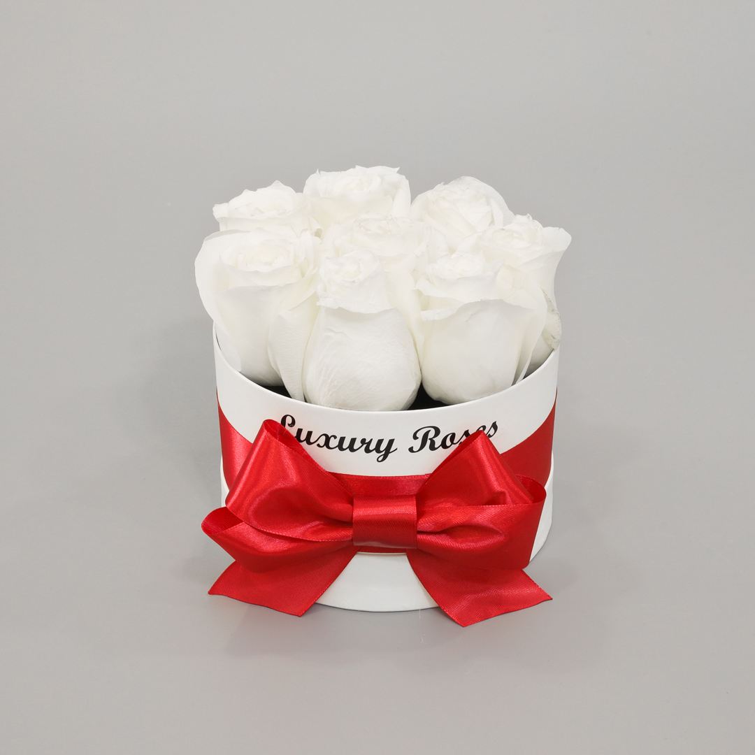 Luxusný okrúhly biely box XS so živými bielymi ružami